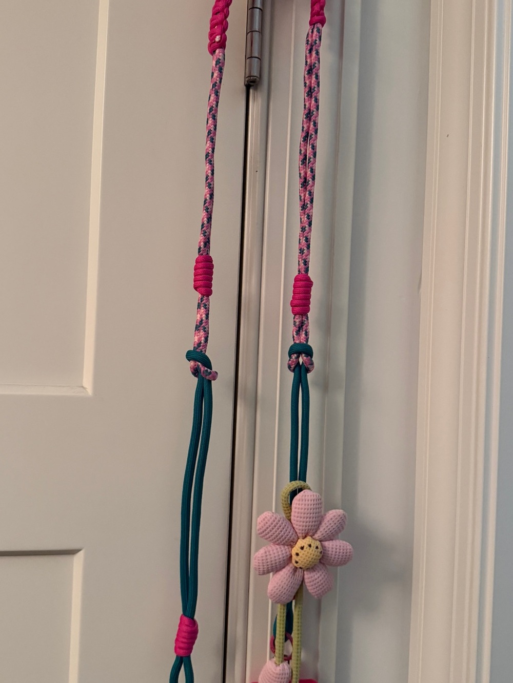 Pink Floral Crochet Phone Case Lanyard with Teal Accent